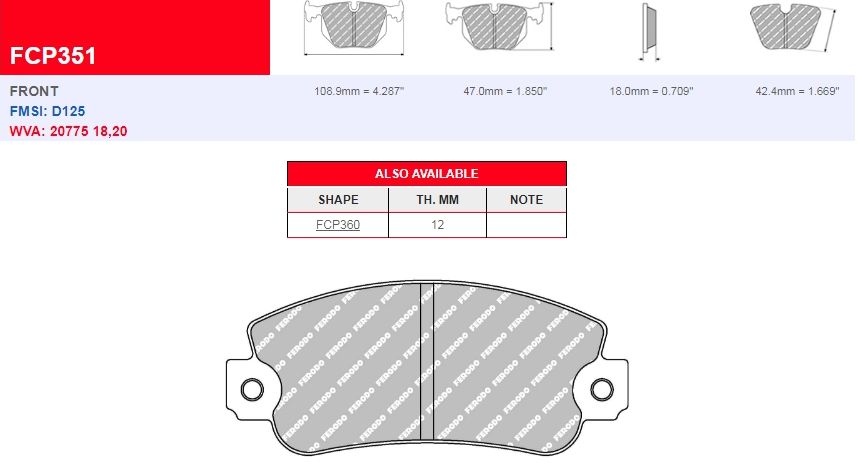 Plaquettes Ferodo DS UNO FCP351Z - Fiat Barchetta