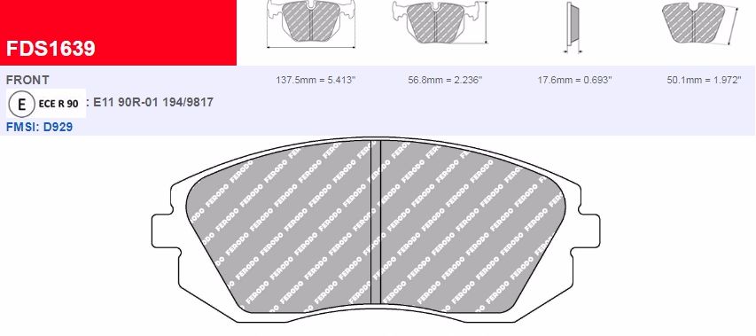 Plaquettes Ferodo DS 2500 FCP1639H - TOYOTA GT86