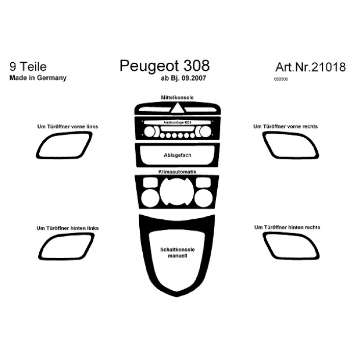 Décoration de tableau de bord, portes Peugeot 308